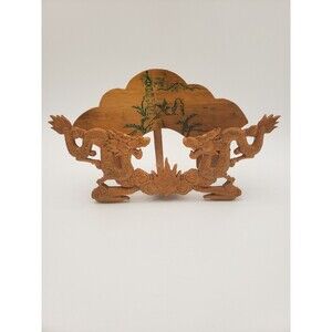 Vtg Chinese Carved Wood Dragon Business Card Holder Display Stand Pagoda Scene